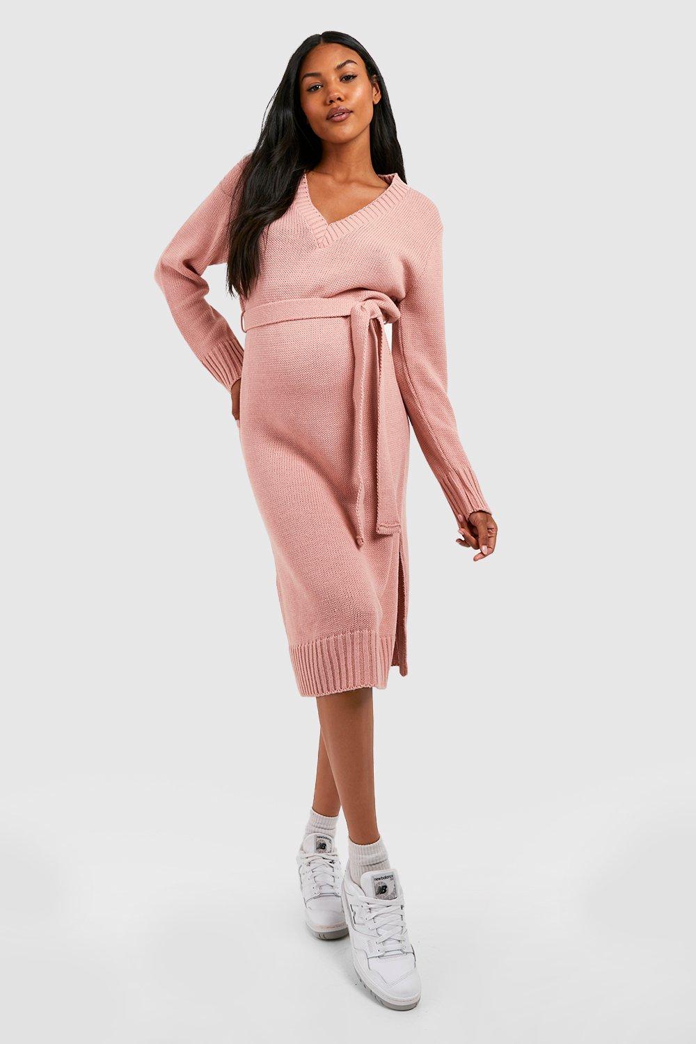 Womens Maternity V Neck Jumper Midi Dress - Pink - 12, Pink