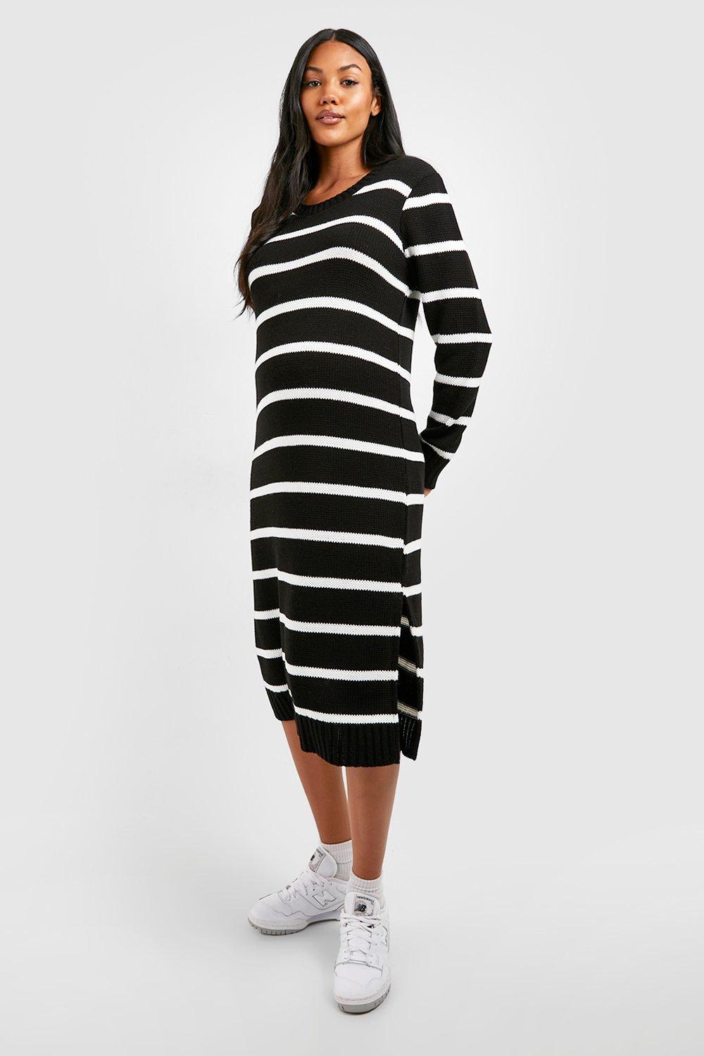 Womens Maternity Stripe Crew Neck Jumper Midi Dress - Black - 10, Black