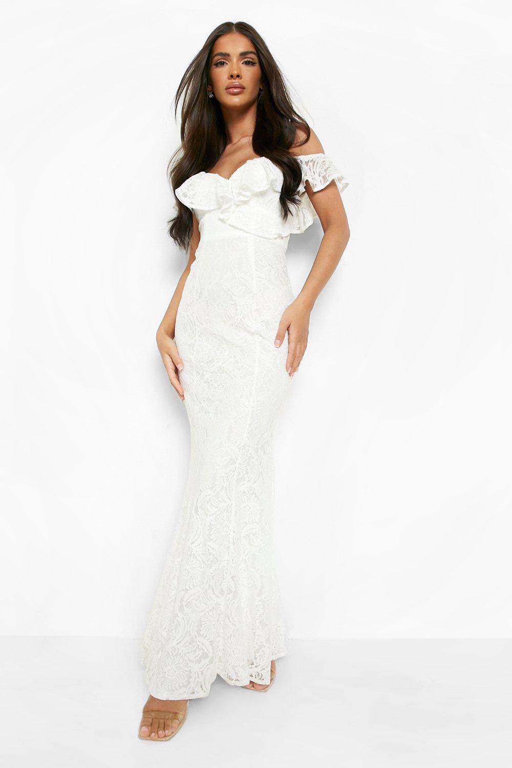 Womens Lace Ruffle Bandeau Maxi Dress - White - 16, White