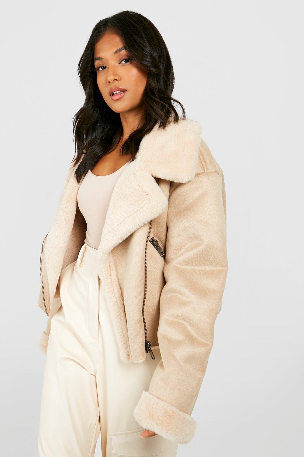 Womens Petite Fur Lined Premium Aviator Jacket - Beige - L, Beige