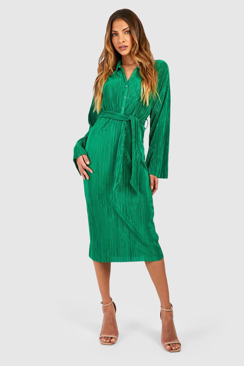 Image of Vestito camicia midi plissettato con laccetti in vita, Verde
