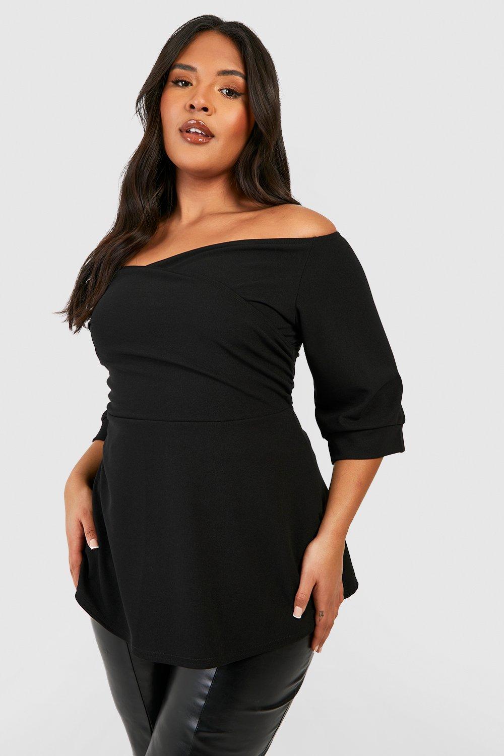 Womens Plus Scuba Bardot Peplum Top - Black - 16, Black