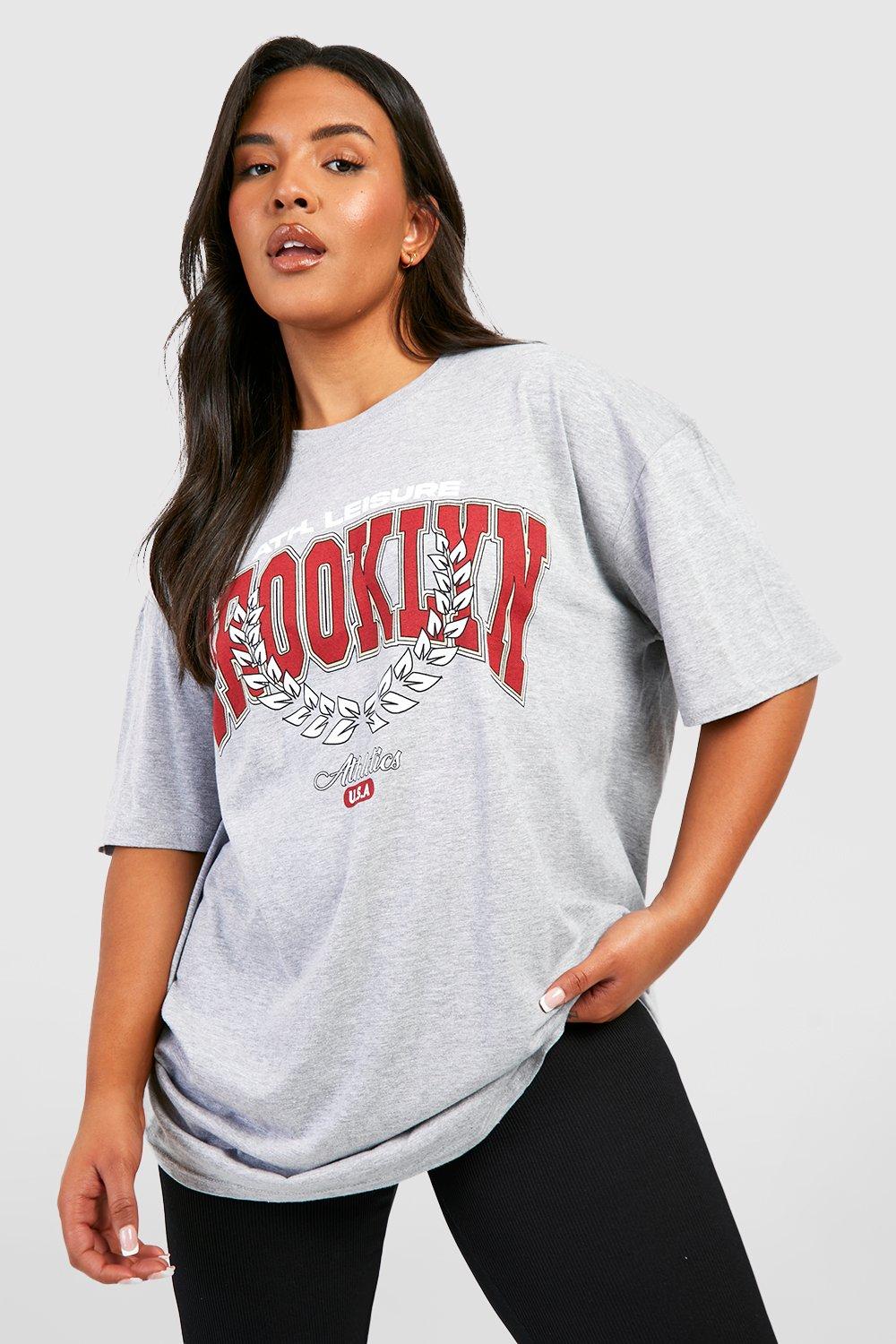 Image of T-shirt Plus Size oversize con scritta Brooklyn, Grigio