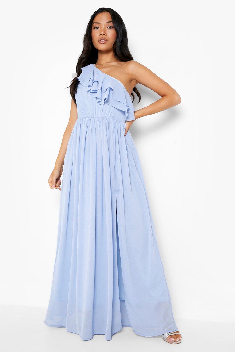 Womens Petite Chiffon Asymmetric Ruffle Maxi Dress - Blue - 4, Blue