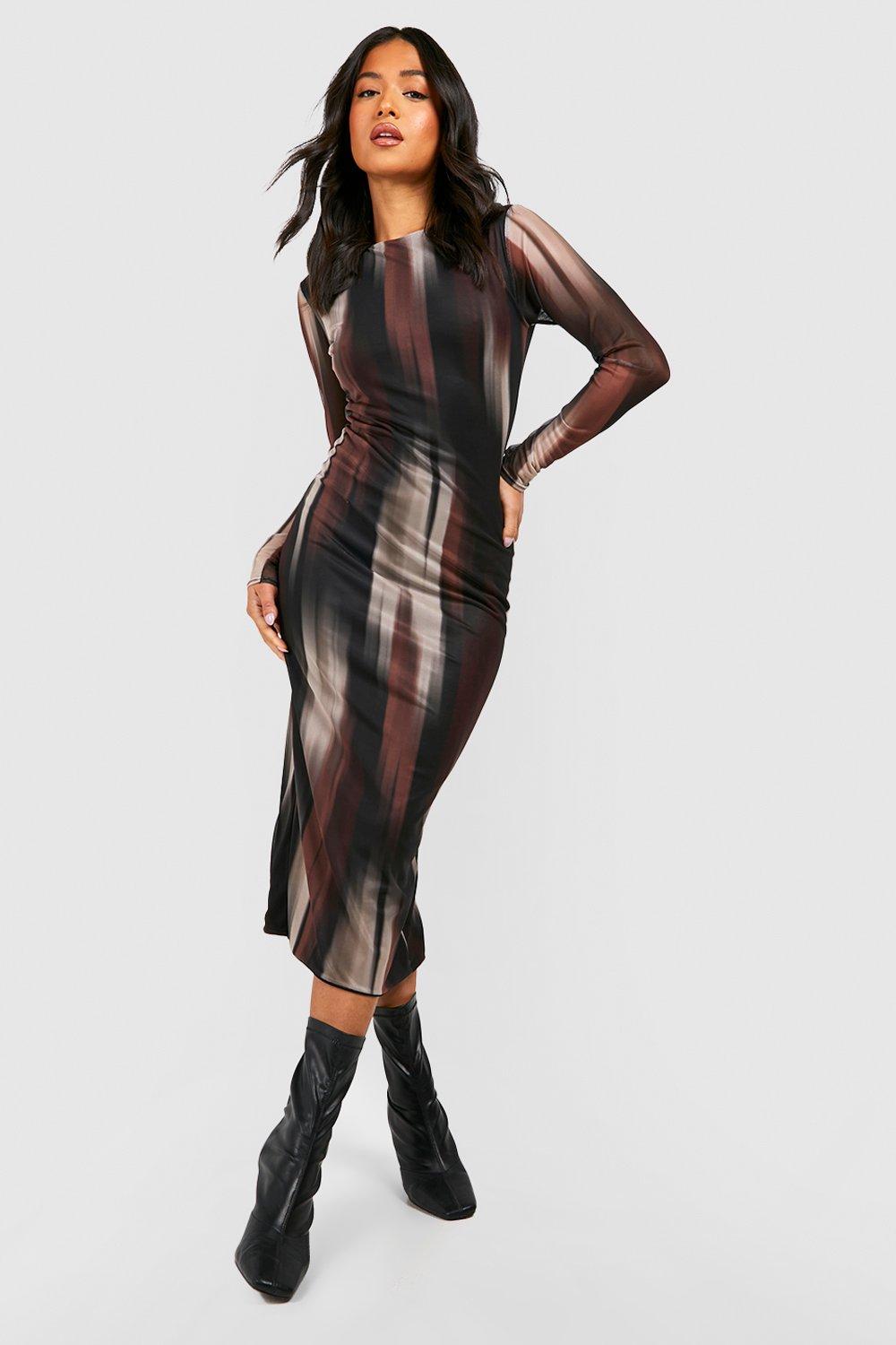 Womens Petite Mesh Long Sleeve Midaxi Dress - Multi - 8, Multi