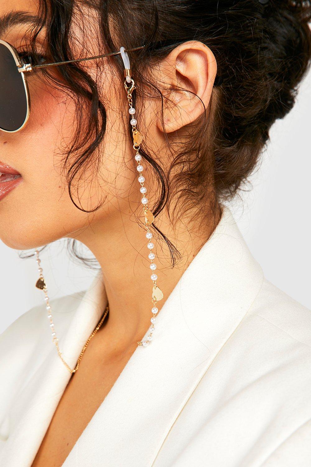 Image of Catena per occhiali da sole effetto lucido con perle a forma di cuore, Metallics