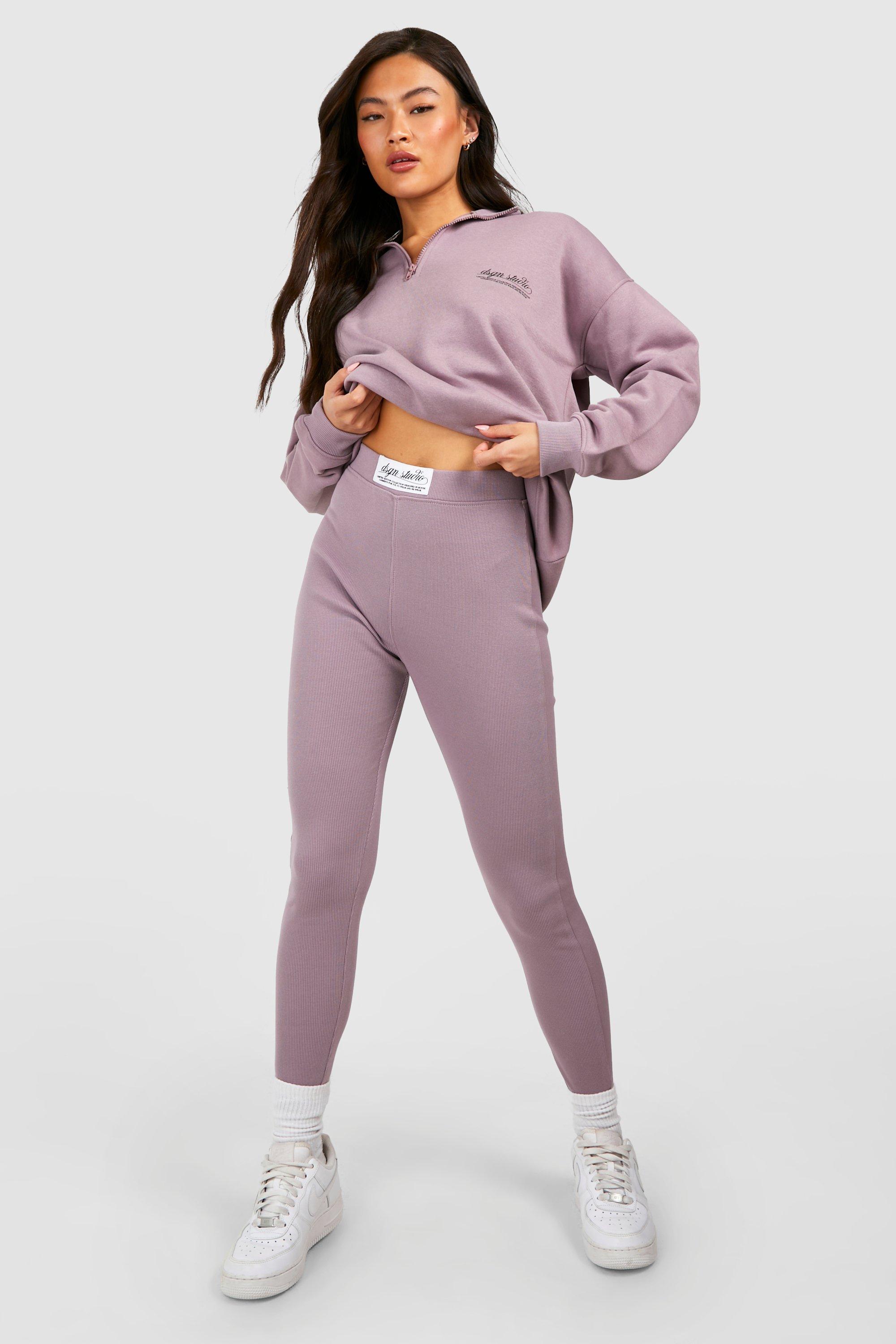 Womens Dsgn Studio Half Zip Oversized Sweat And Ribbed Legging Set - Purple - 10, Purple