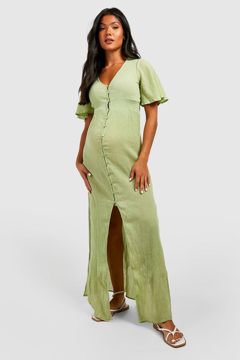 Boohoo Zwangerschap Maxi Strand Jurk Met Geplooide Taille, Sage