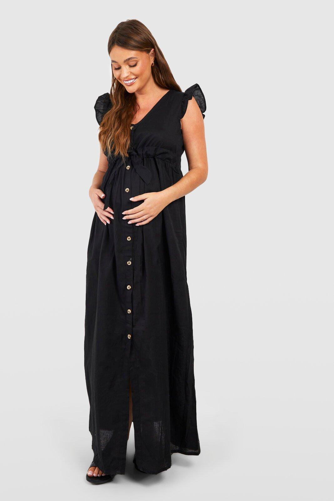Womens Maternity Cotton Button Down Maxi Dress - Black - 8, Black