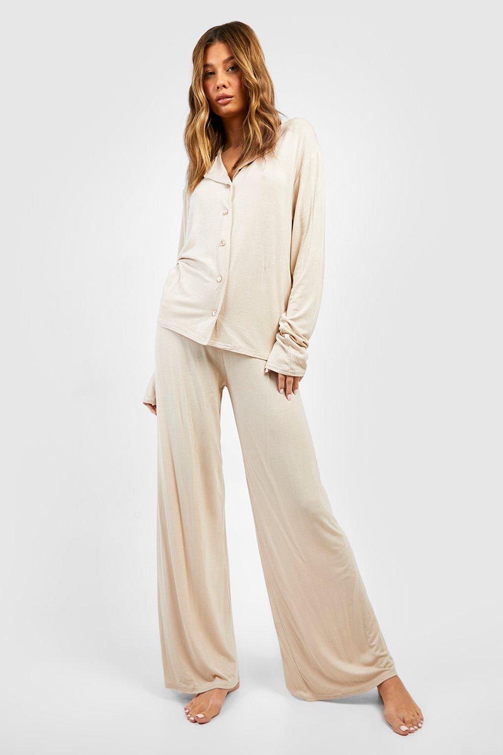 Womens Jersey Wide Leg Pyjama Trouser - Beige - 6, Beige