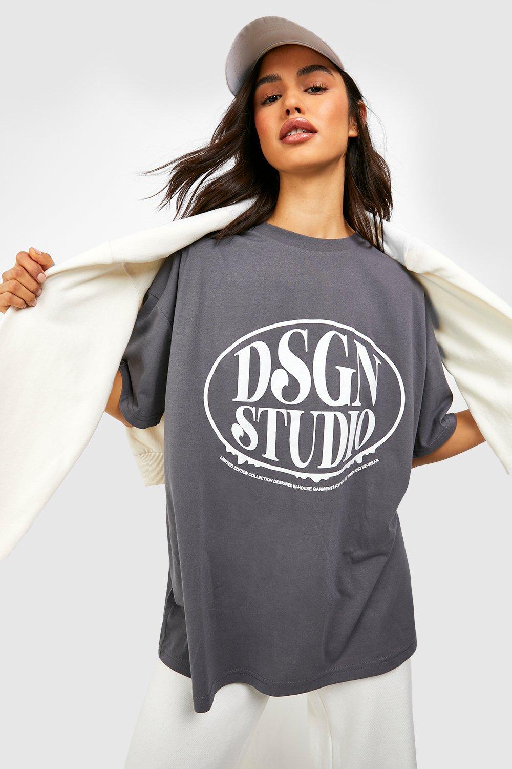 Image of T-shirt oversize con stampa Dsgn Studio sul petto, Grigio