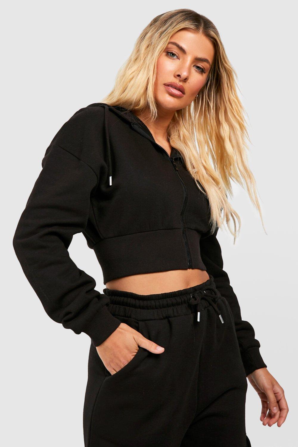 Womens Zip Through Cropped Hoodie - Black - S, Black