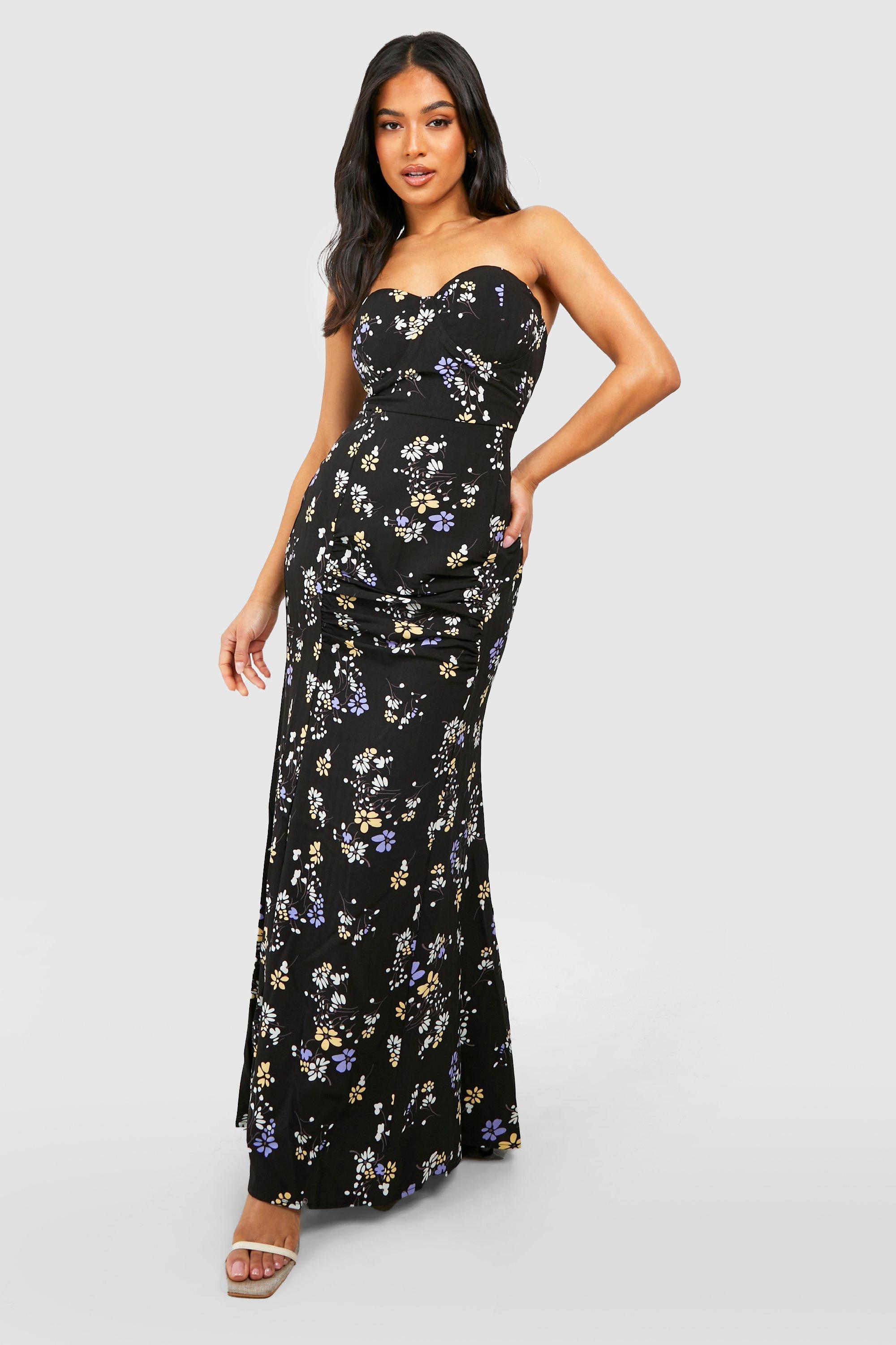 Womens Petite Floral Woven Bandeau Corset Maxi Dress - Black - 8, Black