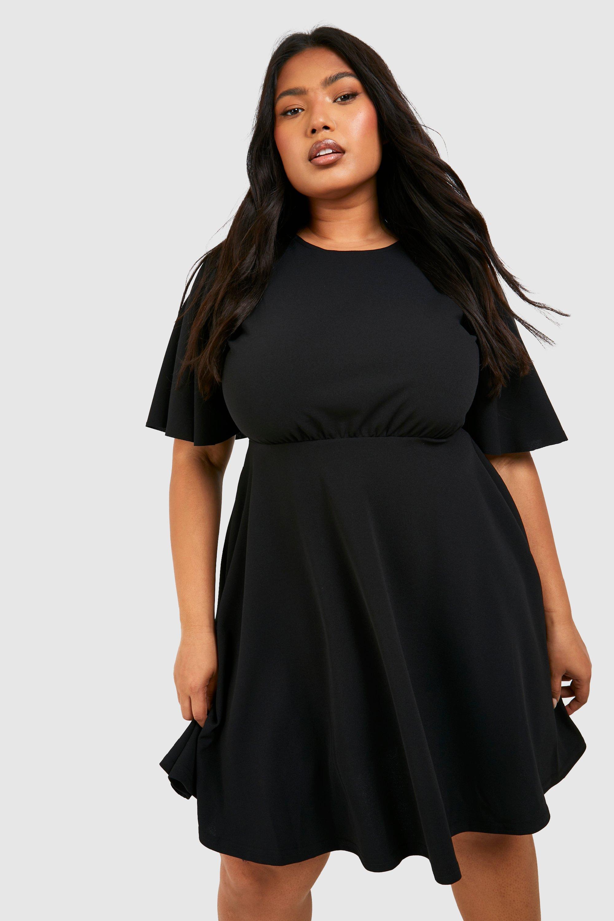 Womens Plus Pleated Angel Sleeve Skater Dress - Black - 26, Black
