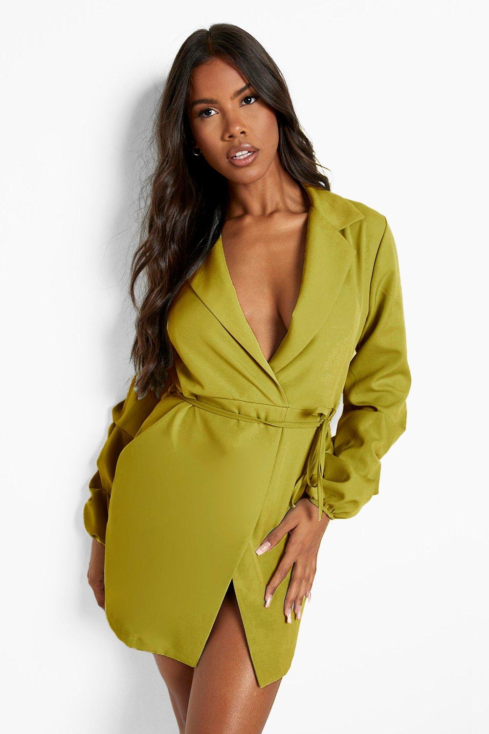 Womens Ruched Sleeve Wrap Front Blazer Dress - Green - 10, Green
