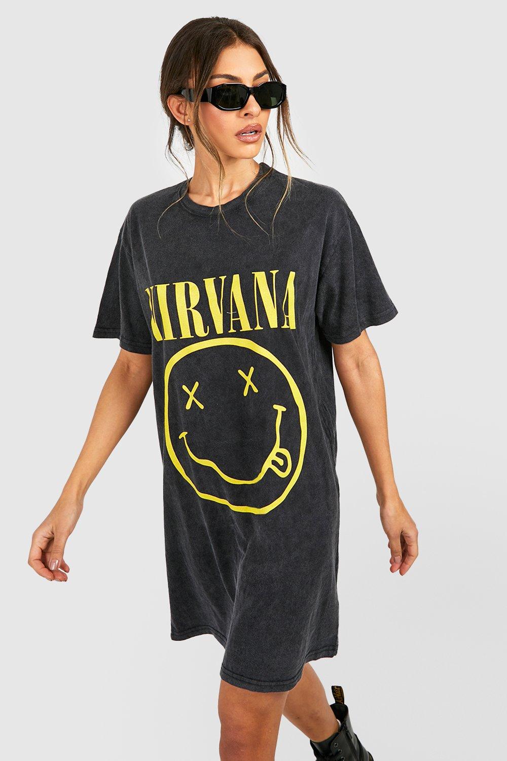 Image of Vestito T-shirt in lavaggio acido con slogan Nirvana e Smiley, Nero
