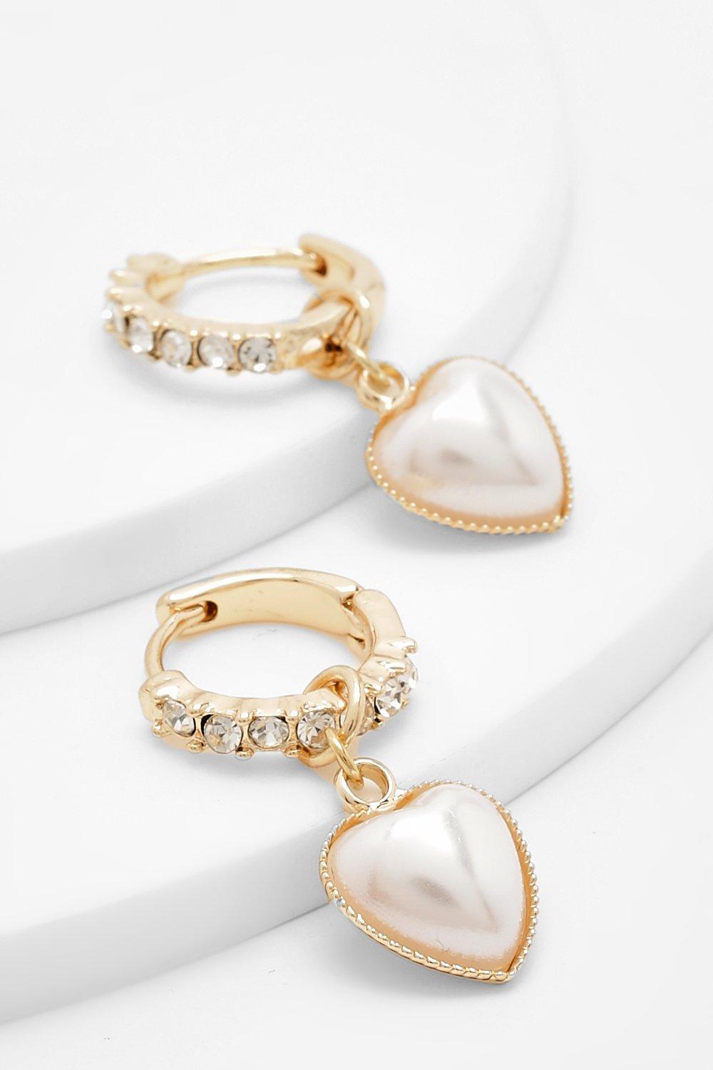 Womens Pearl Heart Charm Hoops - White - One Size, White