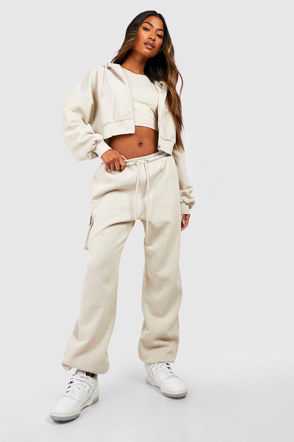 Womens 3 Piece Cropped Zip Through Hooded Tracksuit - Beige - Xs, Beige