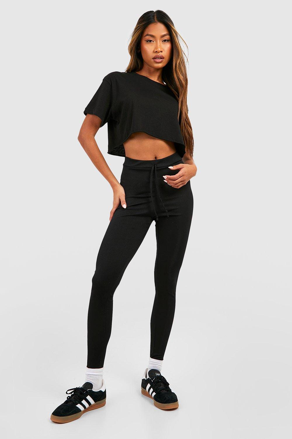womens rib drawstring high waisted leggings - black - 6, black