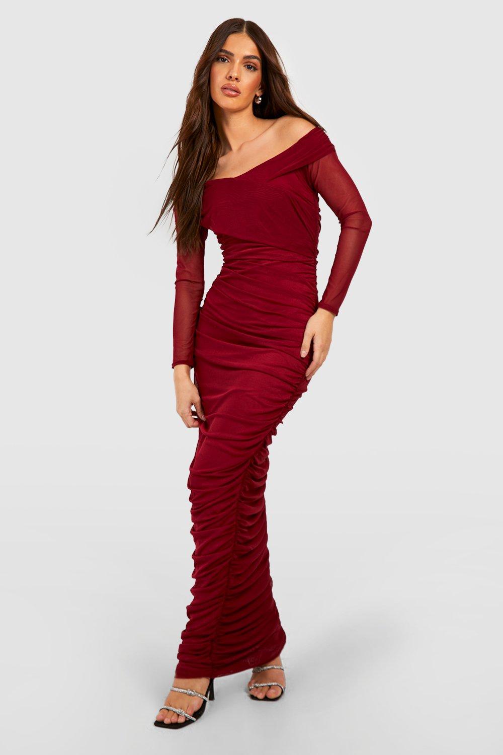 Womens Rouched Mesh Off The Shoulder Maxi Dress - Brown - 8, Brown