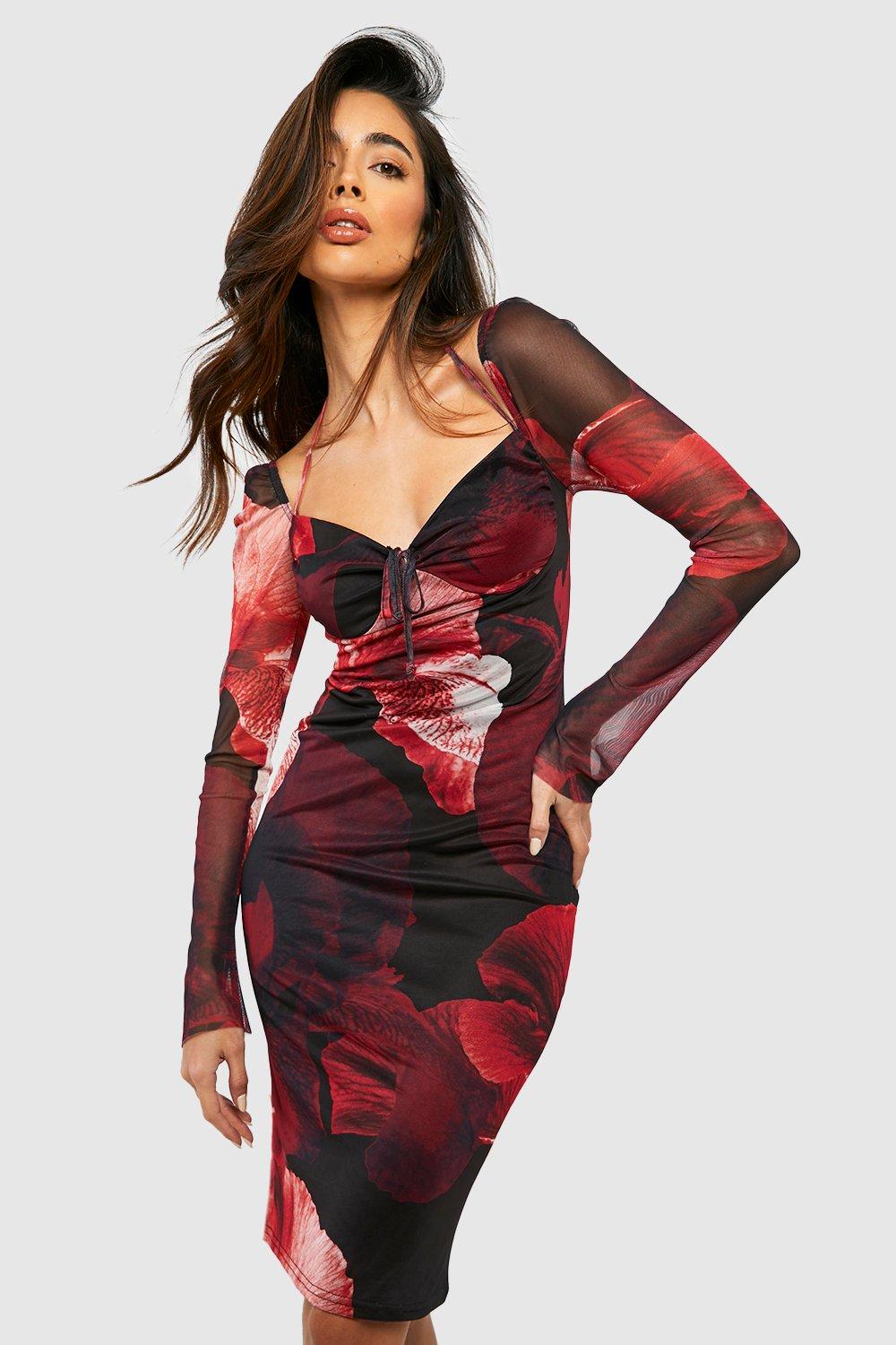 Boohoo Abstracte Mesh Bloemen Midi Jurk, Red
