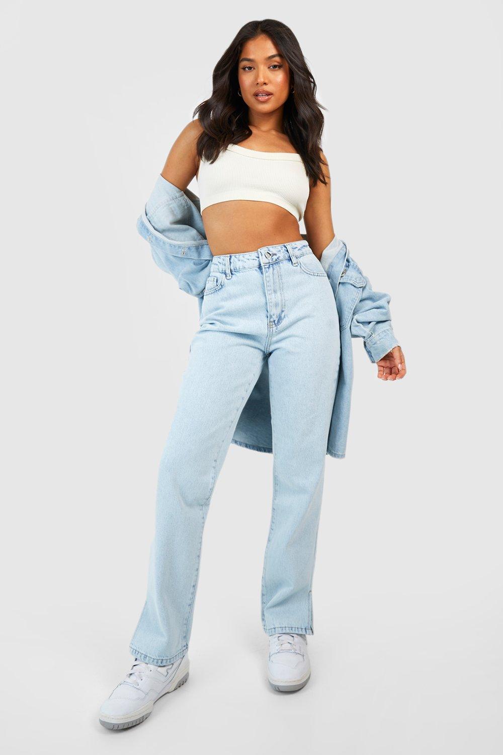 Boohoo Petite High Waist Jeans Met Split, Light Blue