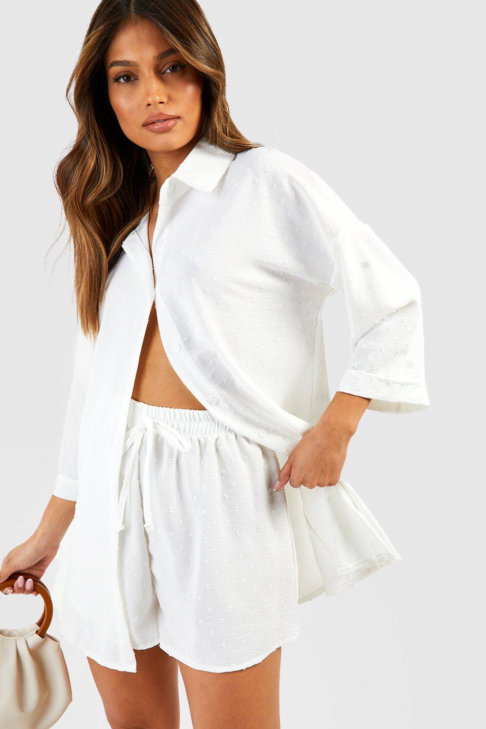 Image of Set camicia oversize in rete plumetis a effetto martellato & pantaloncini, Bianco