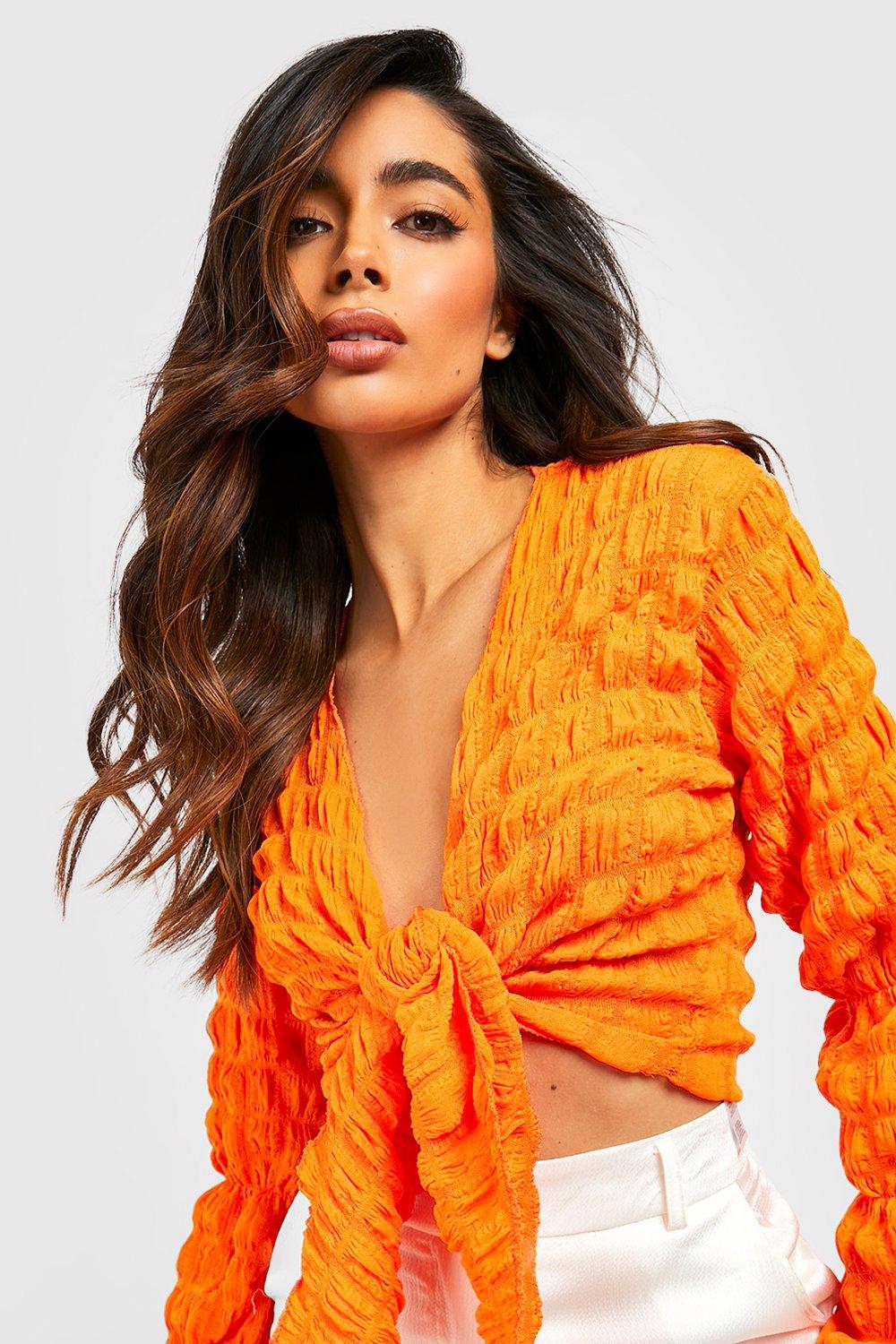 womens bubble jersey tie waist top - orange - 14, orange