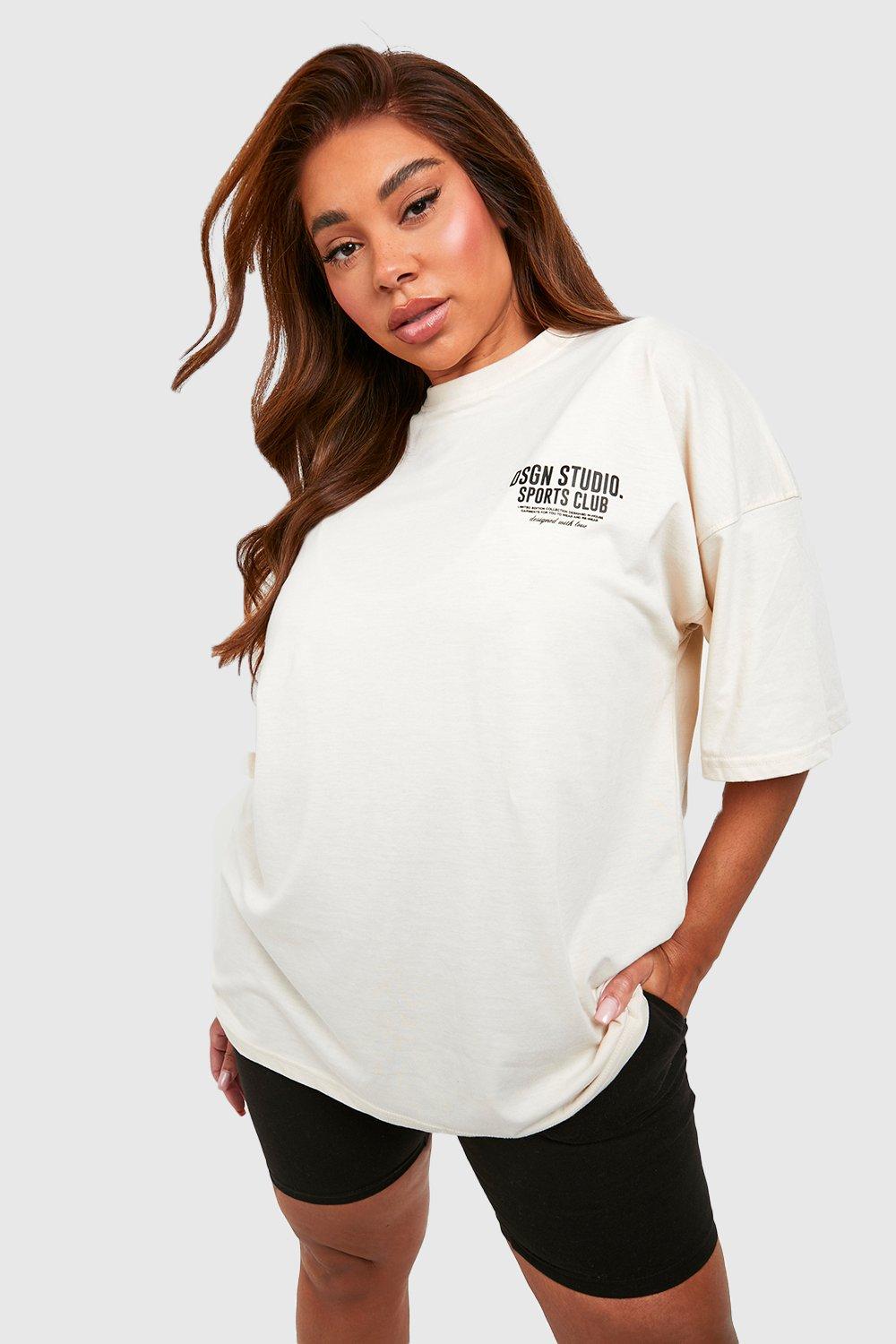 Image of T-shirt Plus Size oversize con slogan Sports Club, Cream