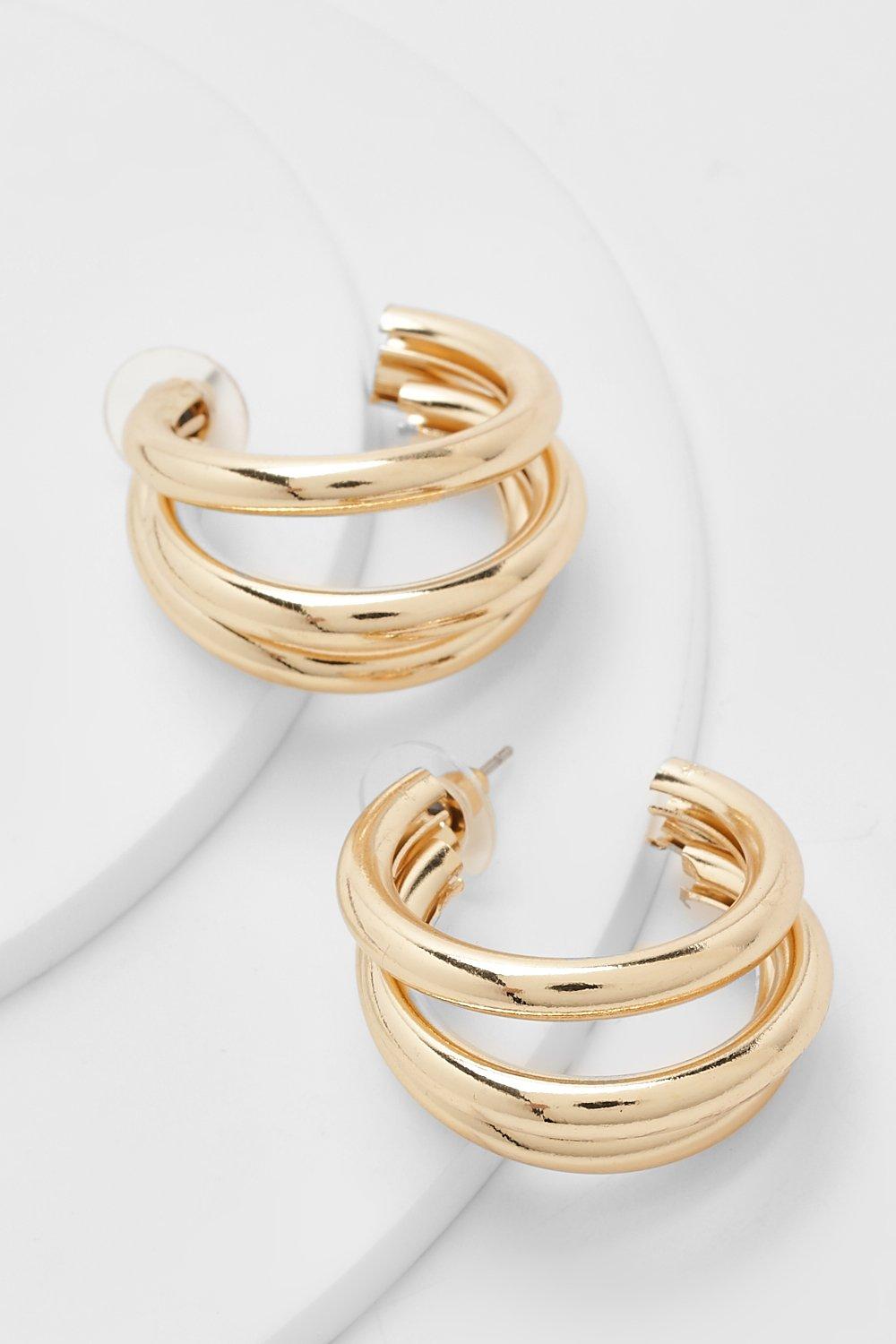 Womens Polished Triple Row Hoop Earrings - Gold - One Size, Gold