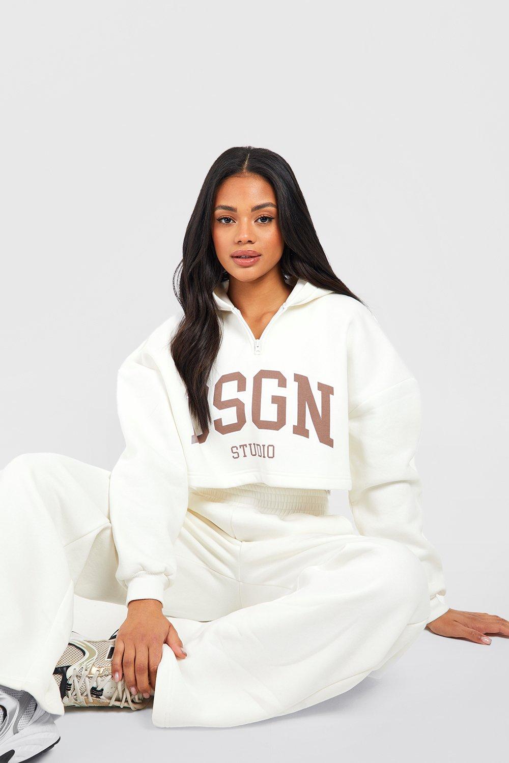 Womens Dsgn Studio Half Zip Hoodie Straight Leg Tracksuit - White - M, White