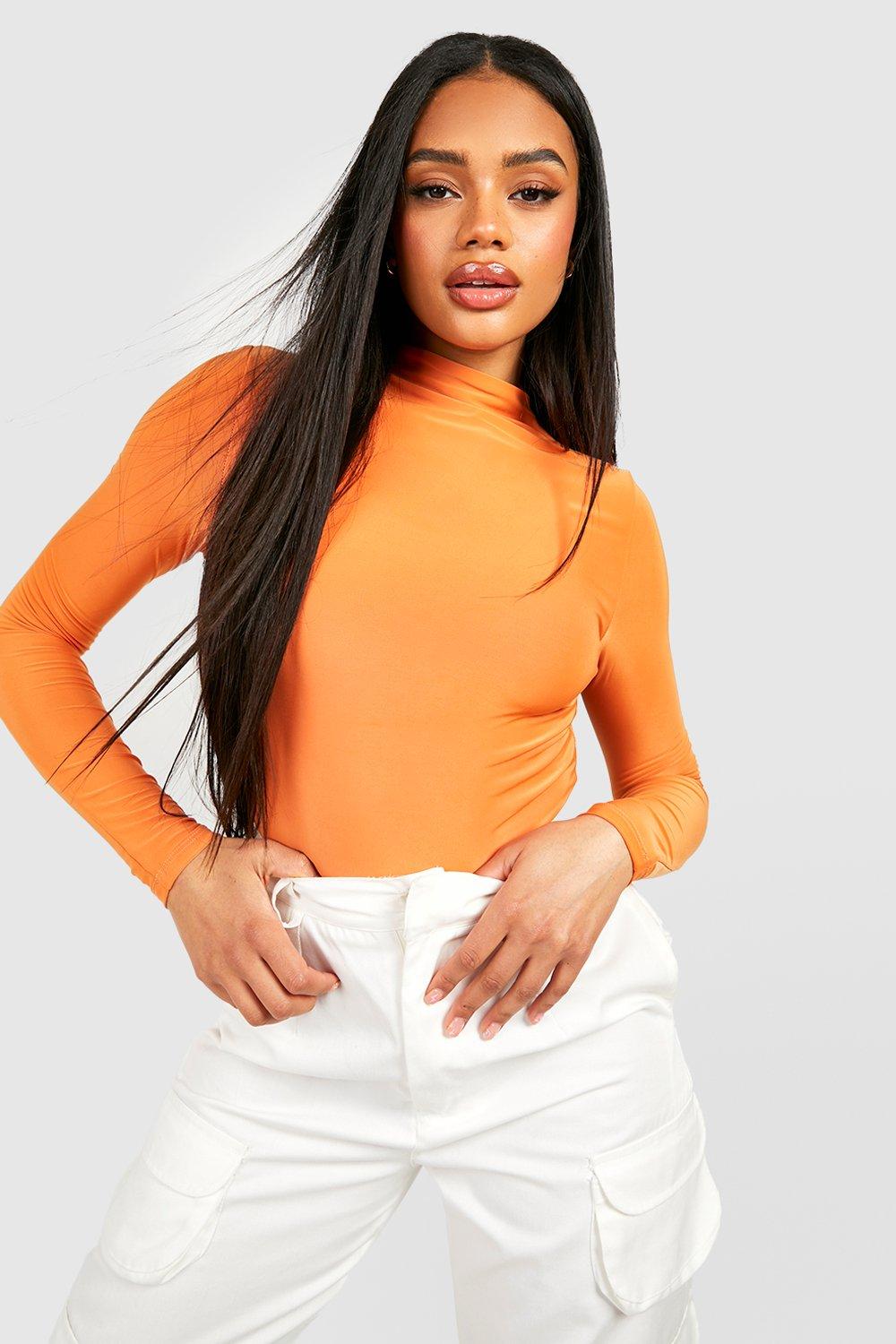 Boohoo Strakke Top Met Dubbele Lagen, Hoge Kraag En Lange Mouwen, Burnt Orange