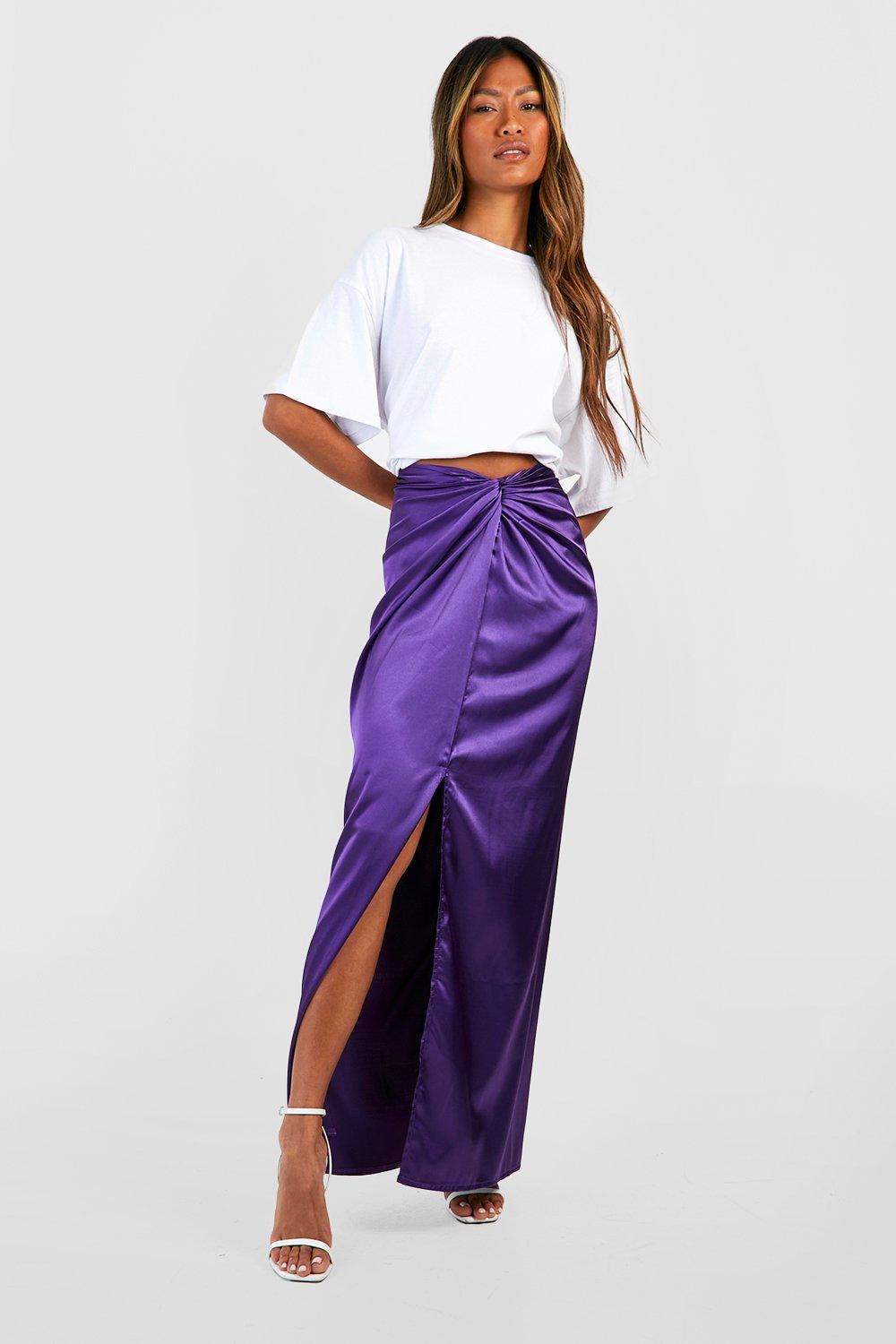 Boohoo Geplooide Gedrapeerde Satijnen Bias- En Geplooide Maxi Rok, Purple