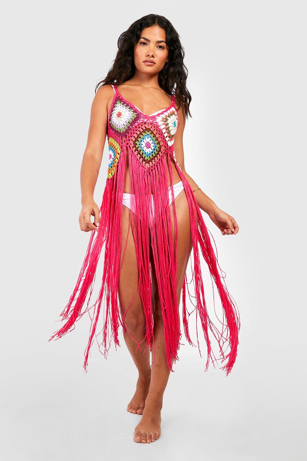 Boohoo Gehaakte Strand Cover Up Met Patches En Gerafelde Zoom, Bright Pink