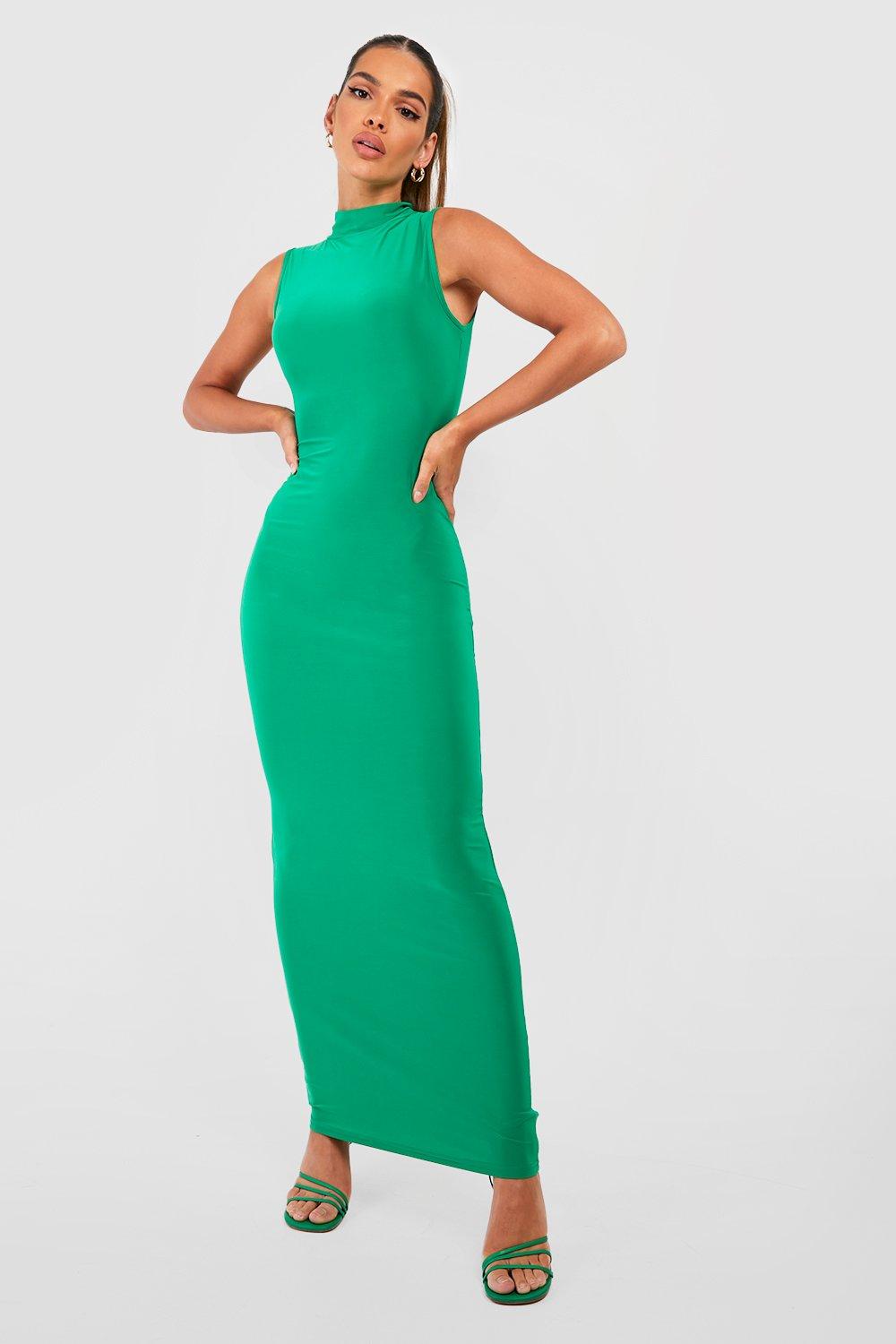 Boohoo Dikke Strakke Premium Maxi Jurk Met Hoge Hals, Bright Green