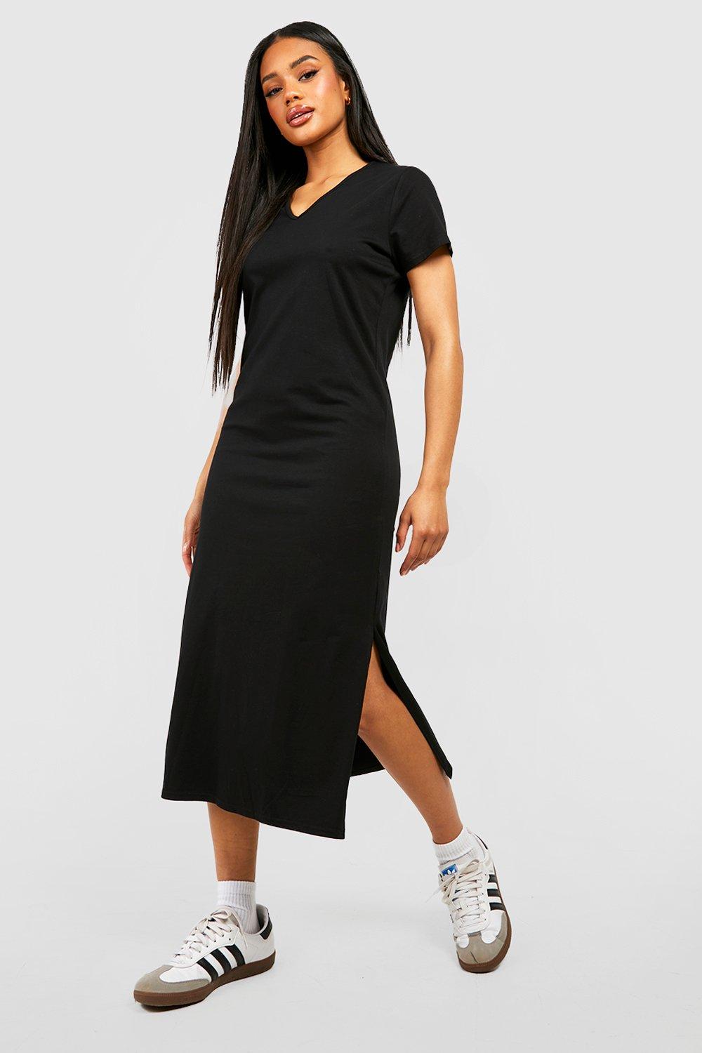 Womens V Neck Cotton T-Shirt Midaxi Dress - Black - 8, Black