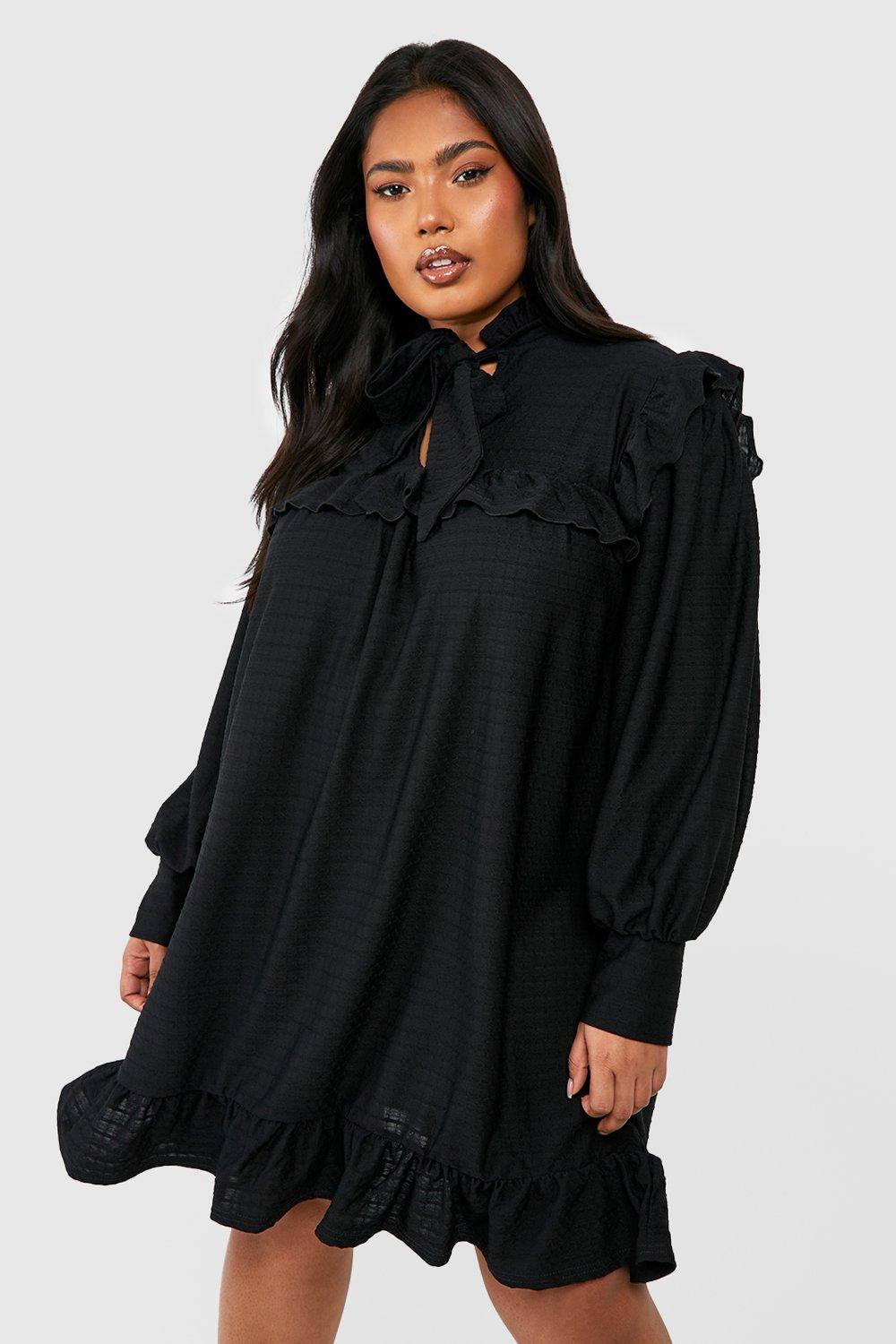 Womens Plus Textured Pussybow Smock Dress - Black - 22, Black