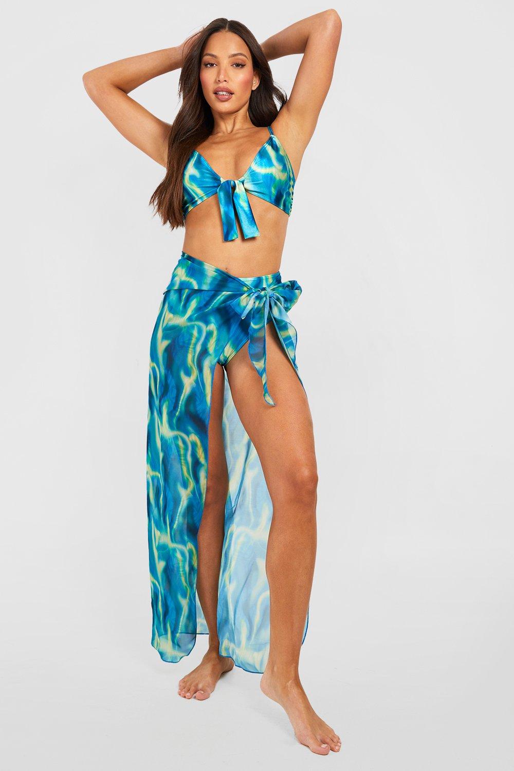 Boohoo Tall Abstracte Wazige High Waist Bikini Set Met Strik, Blue