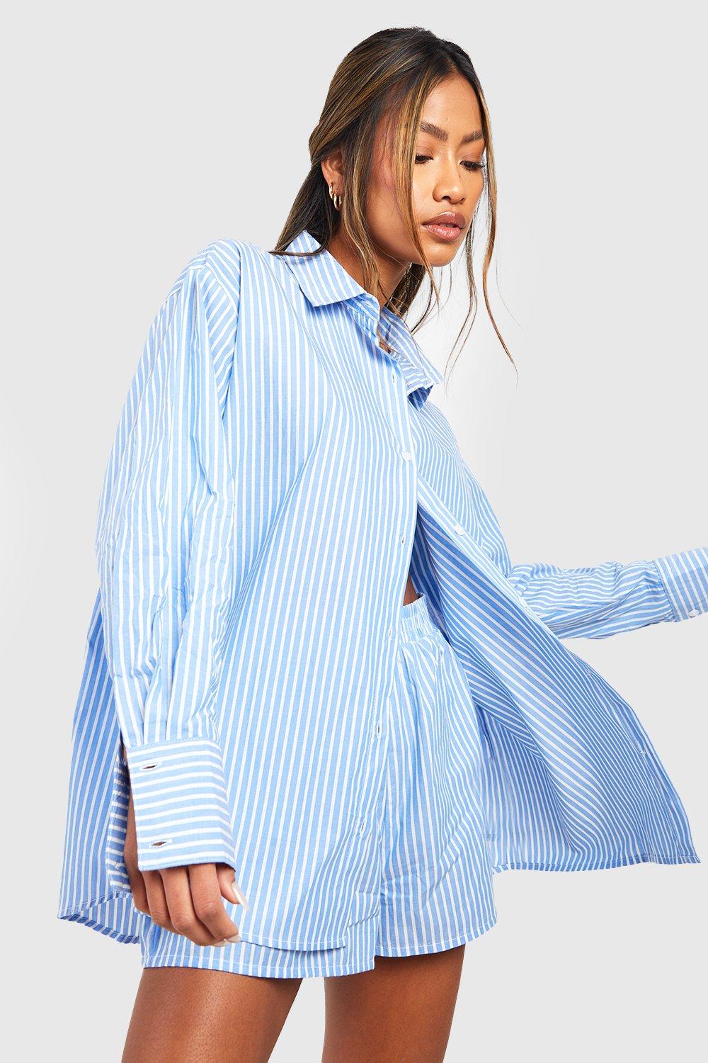 Image of Camicia pigiama oversize in cotone a righe verticali, Azzurro