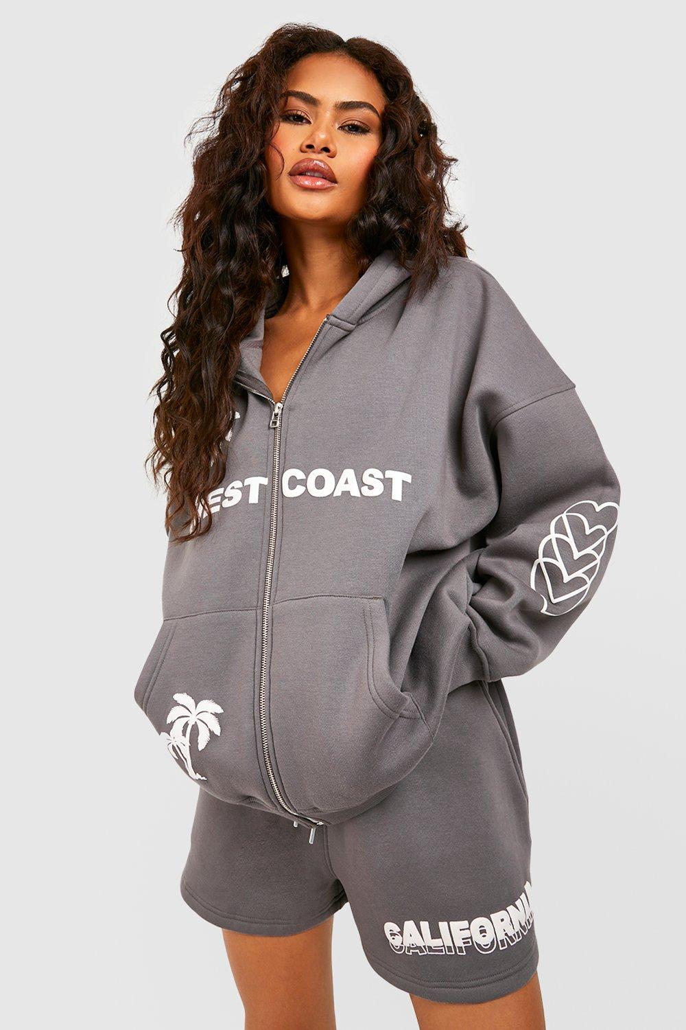 Womens West Coast Slogan Zip Through Short Tracksuit - Grey - S, Grey