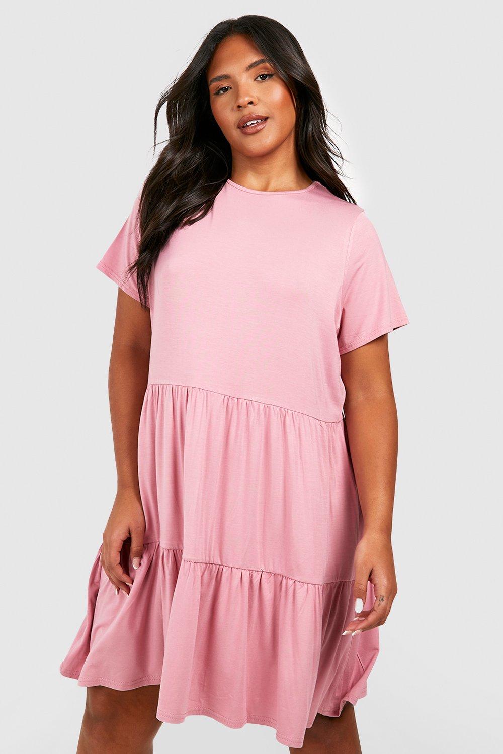 Image of Vestito grembiule Plus Size in jersey con balze, Pink