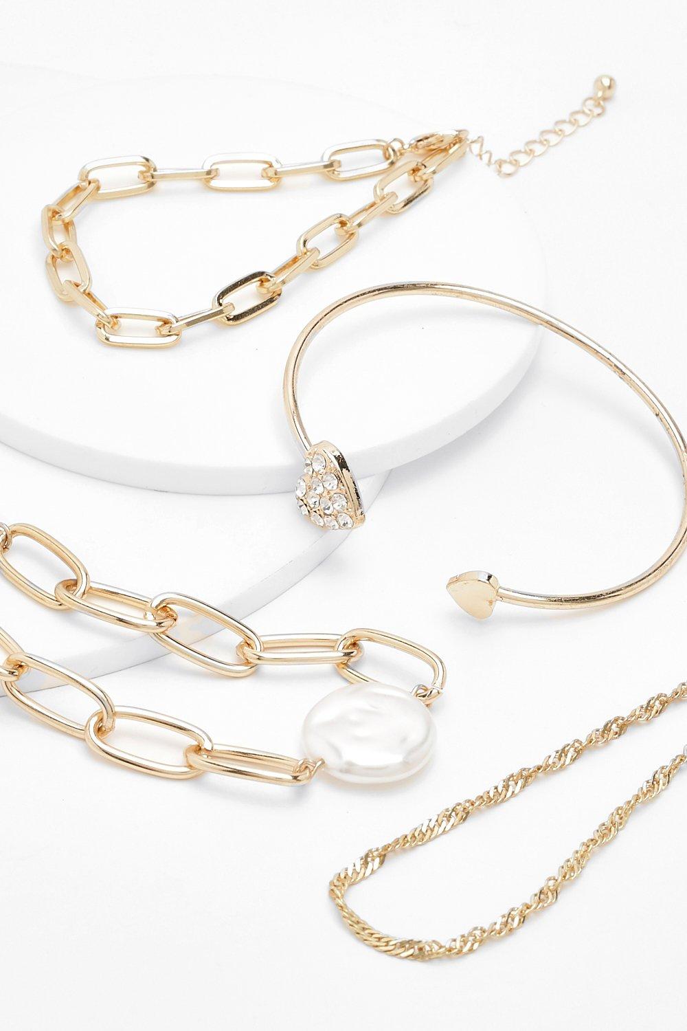 Image of Set bracciale rigido rifinito con perle spesse, Metallics