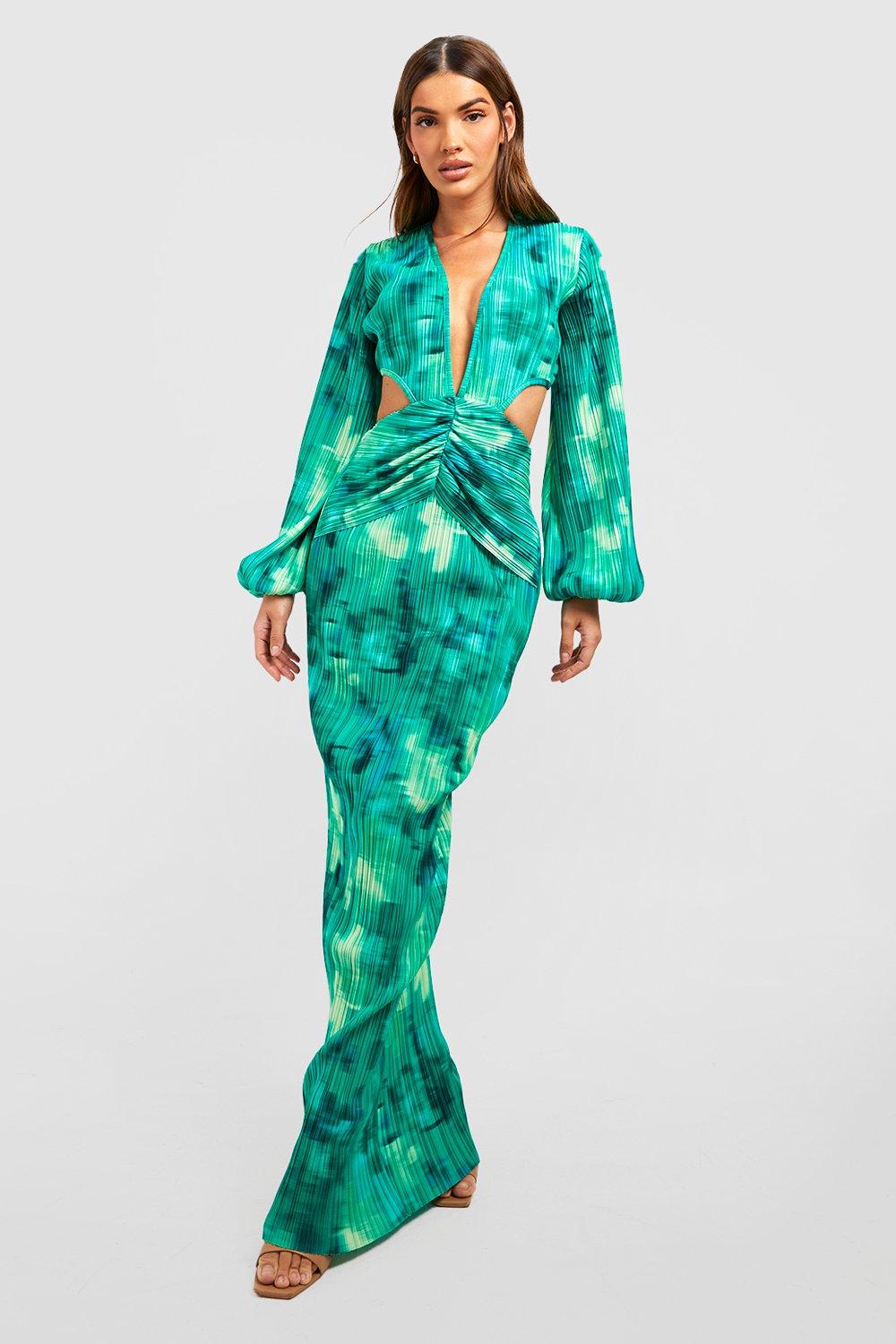 Boohoo Plisse Bloemenprint Maxi Jurk Met Uitsnijding, Green