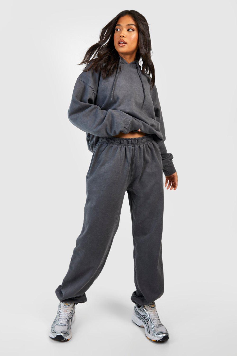 Womens Petite Acid Wash Hoody And Jogger Tracksuit - Grey - 14, Grey