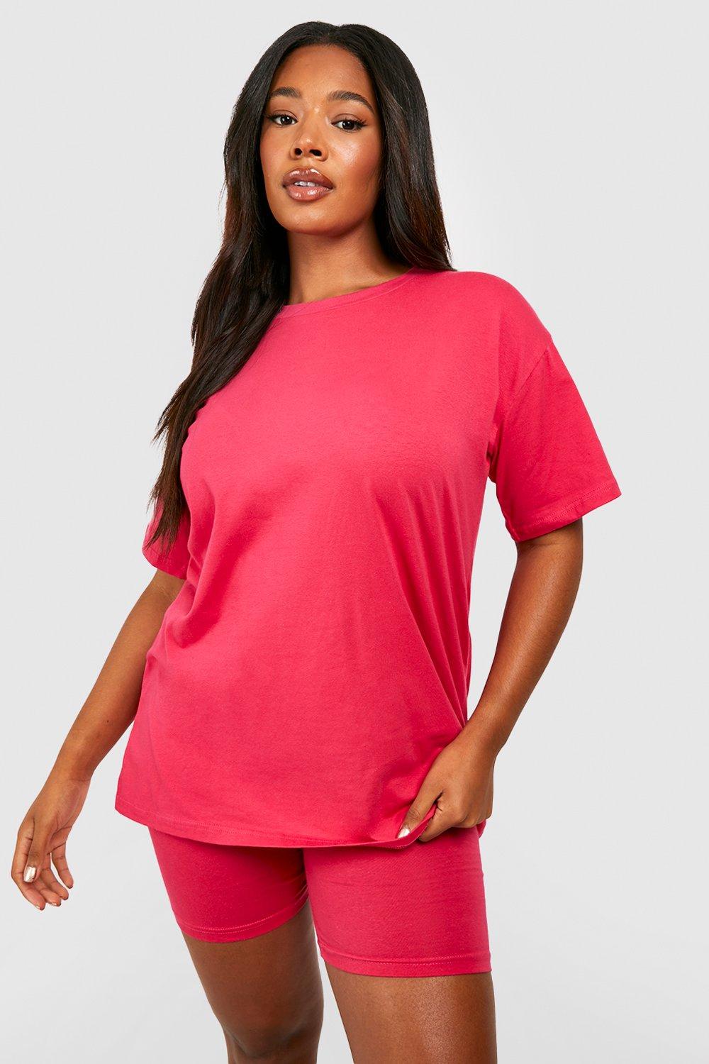 Image of T-shirt Plus Size oversize & pantaloncini da ciclista, Pink