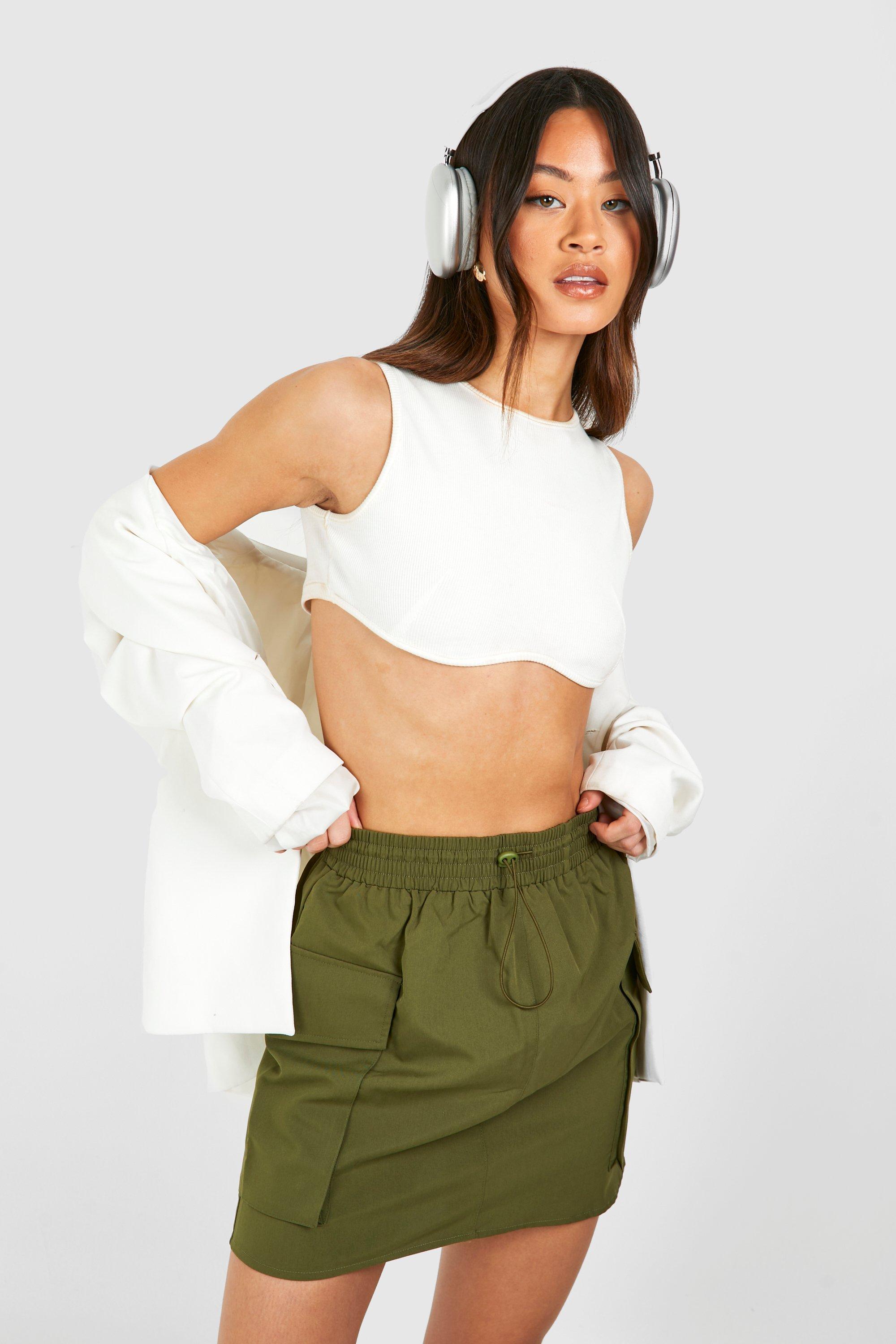 Boohoo Tall Parachute Rok Met Cargo Zakken, Lus En Touwtjes, Khaki