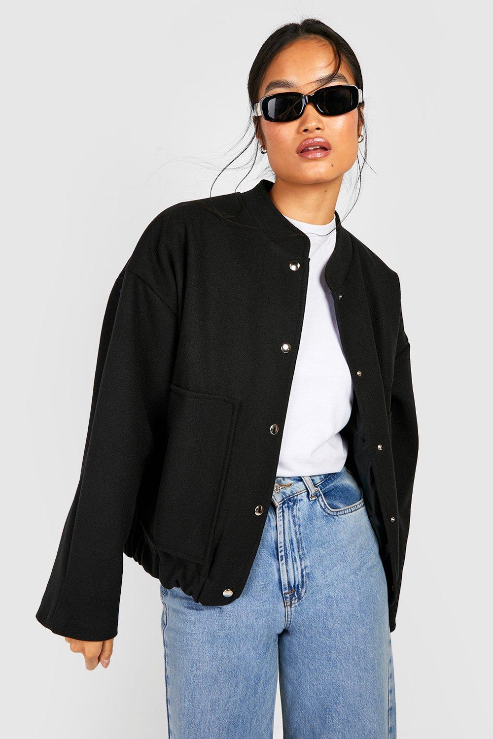 Womens Wool Look Oversized Bomber Jacket - Black - 12, Black