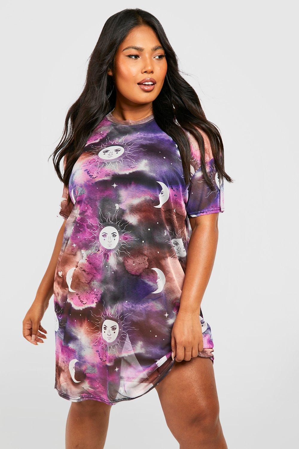 Image of Vestito T-shirt Plus Size in rete con sole e luna, Purple