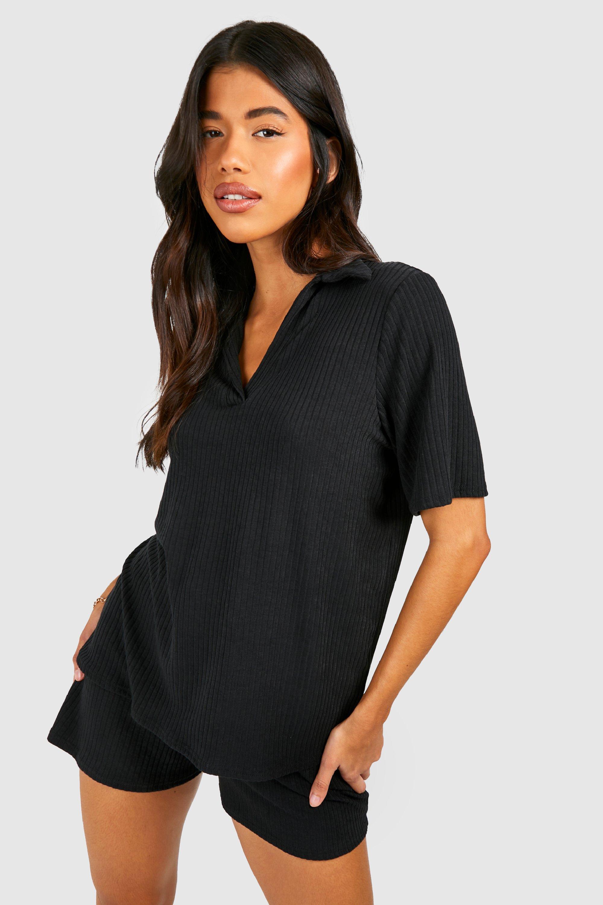 Womens Tall Soft Rib Collar T-Shirt Flippy Short Lounge Set - Black - 6, Black