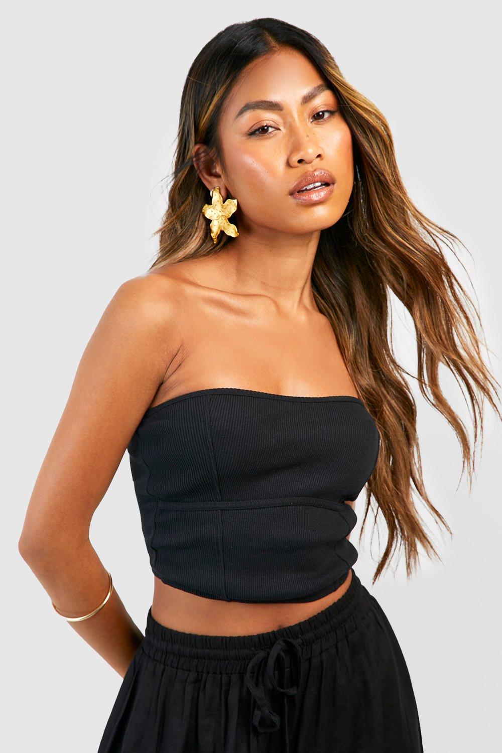 Boohoo Geribbelde Korte Bandeau Top, Black